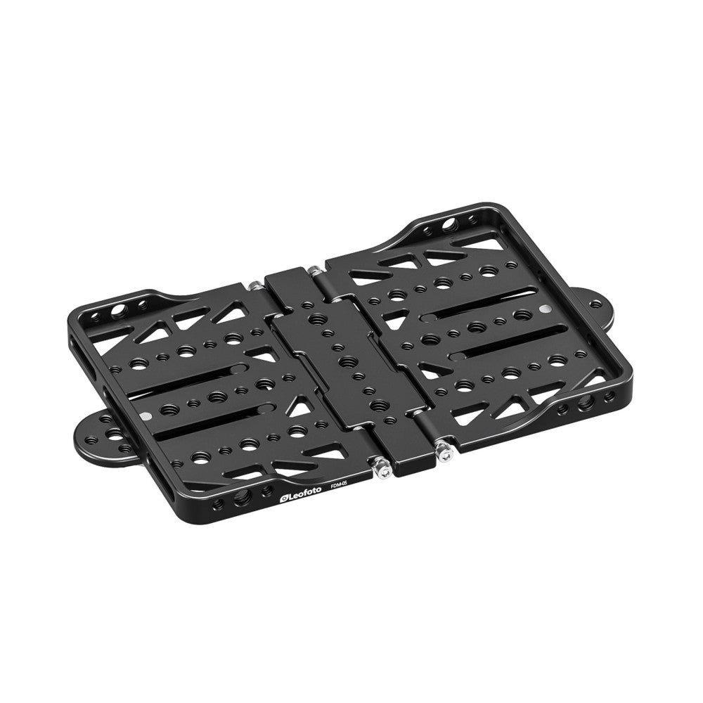 Black aluminum foldable rail system with multiple mounting holes and hinged sections, shown from an angled three-quarter view against a white background.