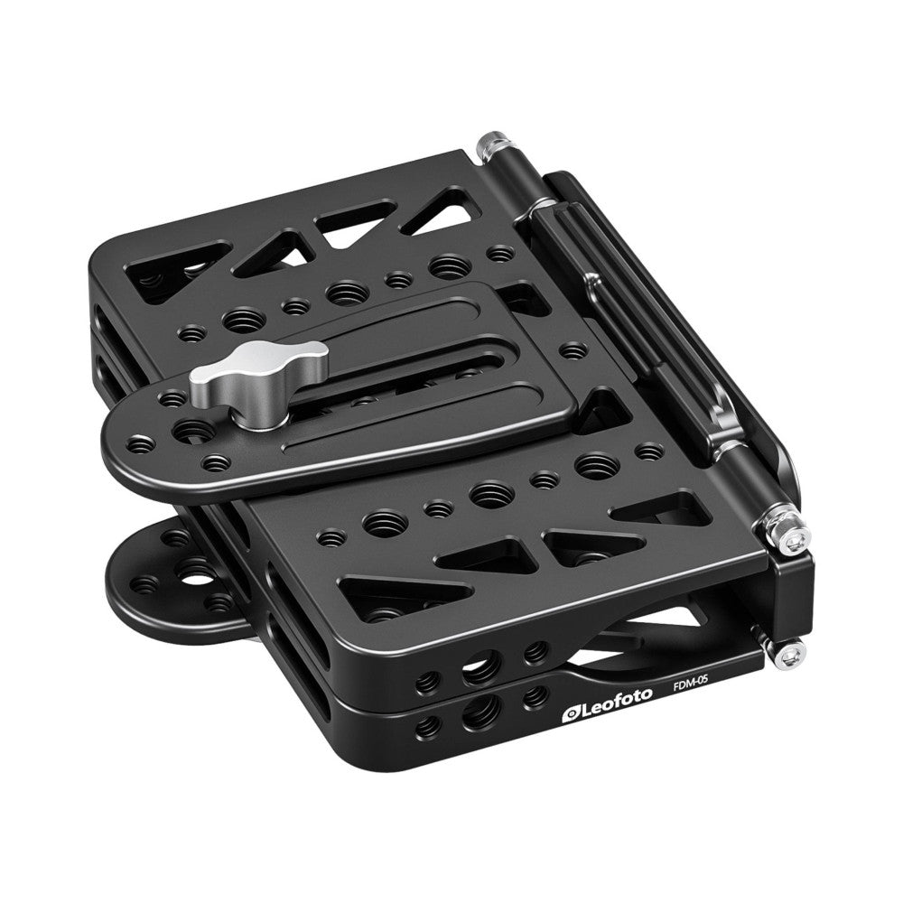 Black Leofoto FDM-05 quick-release rail with fold-out arm and Arca Swiss base, shown at three-quarter angle against white background.