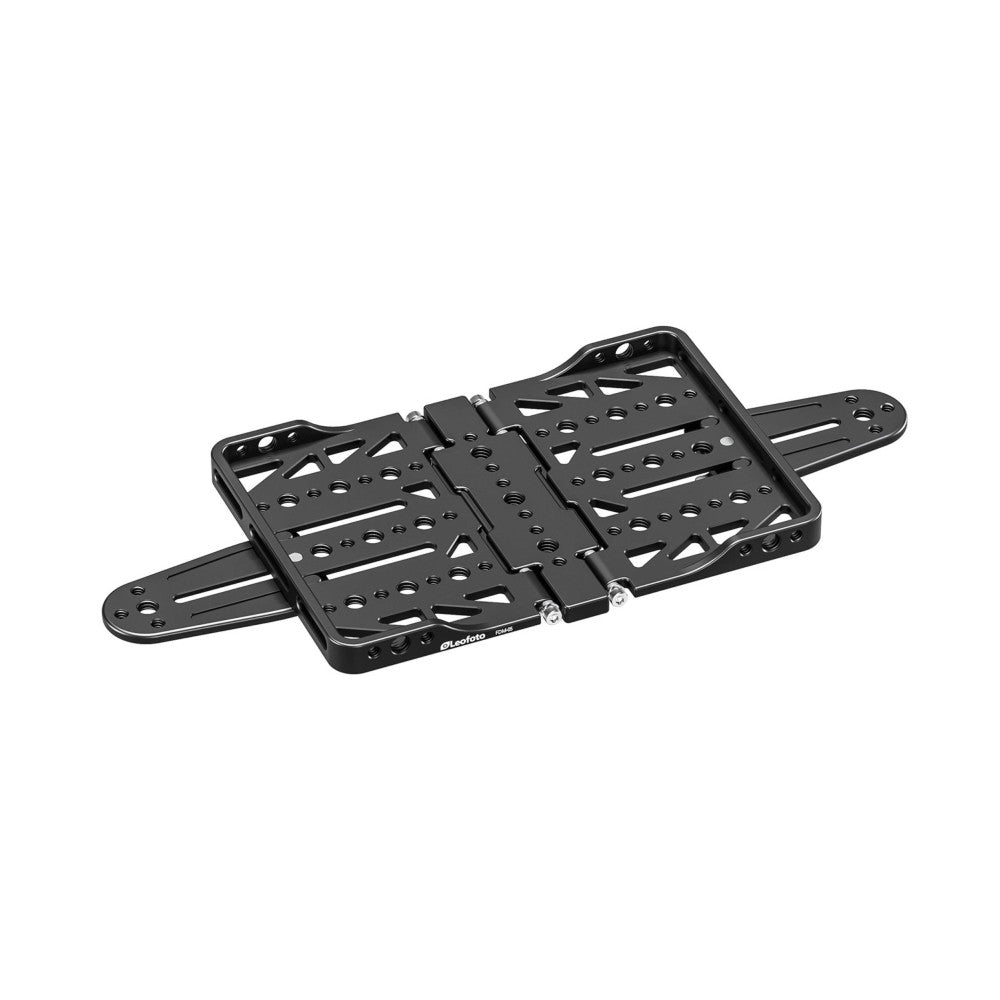 Black aluminum foldable rail system with multiple attachment points shown from angled top view, displaying folded configuration with side arms extended.