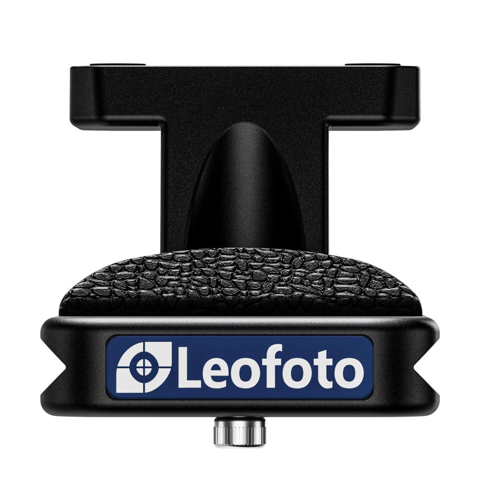 Top view of black Leofoto lens foot with textured grip surface and branding, mounted on tripod socket.