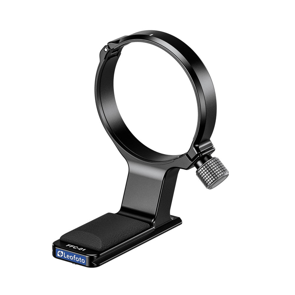 Black lens collar mount with adjustable grip ring and base plate, shown at an angle against white background.