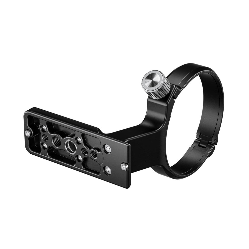Black metal lens collar with adjustment knob shown from angled side view against white background