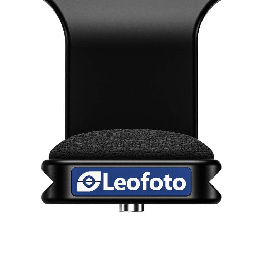 Front view of a black Leofoto lens collar with textured grip surface and blue branding badge, isolated on white background.