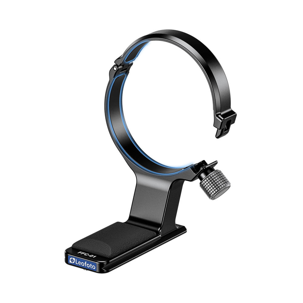 Black lens collar with blue accents displayed on stand, shown at angle with adjustment knob visible.