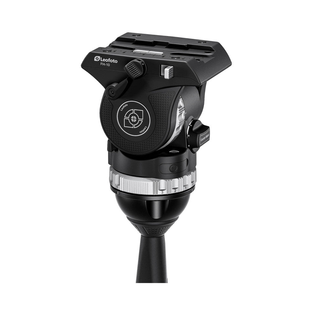 Leofoto FH-10 fluid head shown from front-angled view, displaying pan/tilt mechanism, control knob, and tripod mount base.