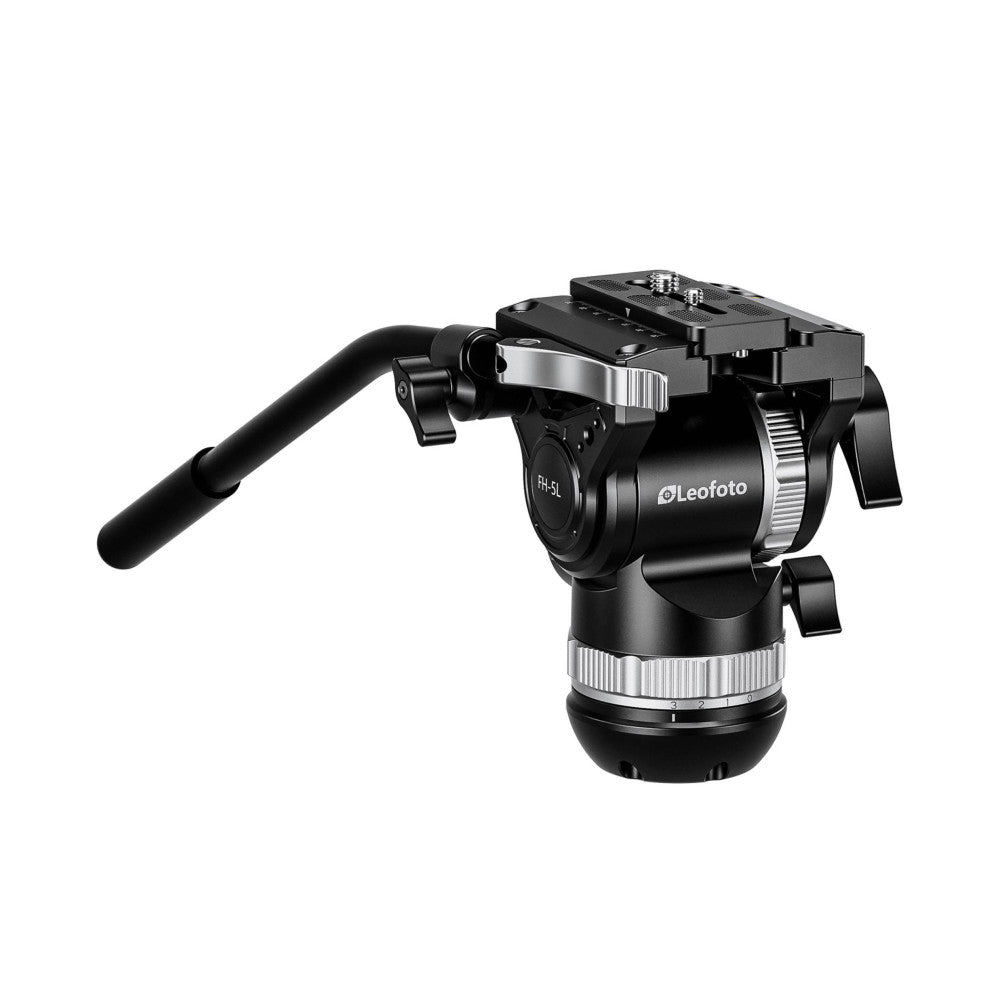 Leofoto FH-5L video fluid head shown from the side angle, displaying the pan handle, pan-tilt mechanism, and quick-release plate mounted on top.