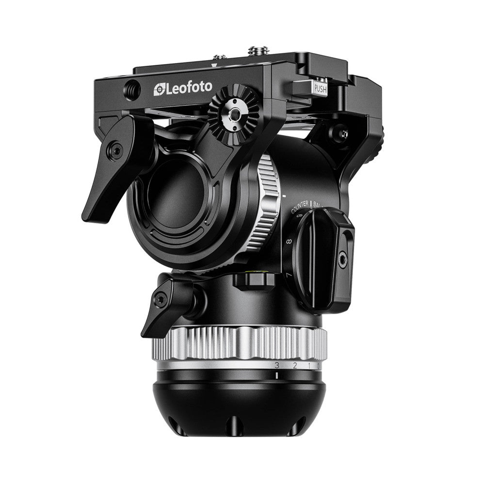 Leofoto FH-5L video fluid head shown from front-right angle, displaying pan handle, gear wheel adjustment, counter dial, and base mount.