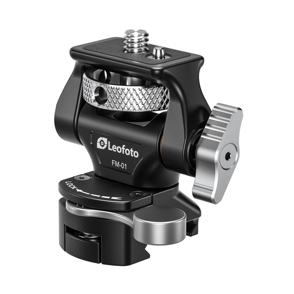 Leofoto FM-01 monitor mount shown from three-quarter view against white background, displaying ball head, metal knob, and side-mounted rail clamp.