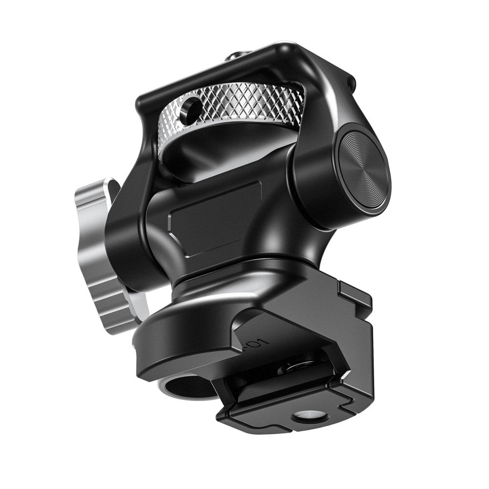 Black monitor mount with rail clamp system shown in isometric 3/4 view against white background, displaying the clamp mechanism and adjustment knobs.