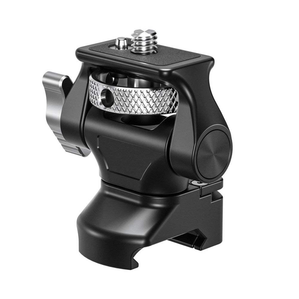 Black ball head monitor mount with diamond-patterned metal knob and rail clamp, shown from angled side view against white background.