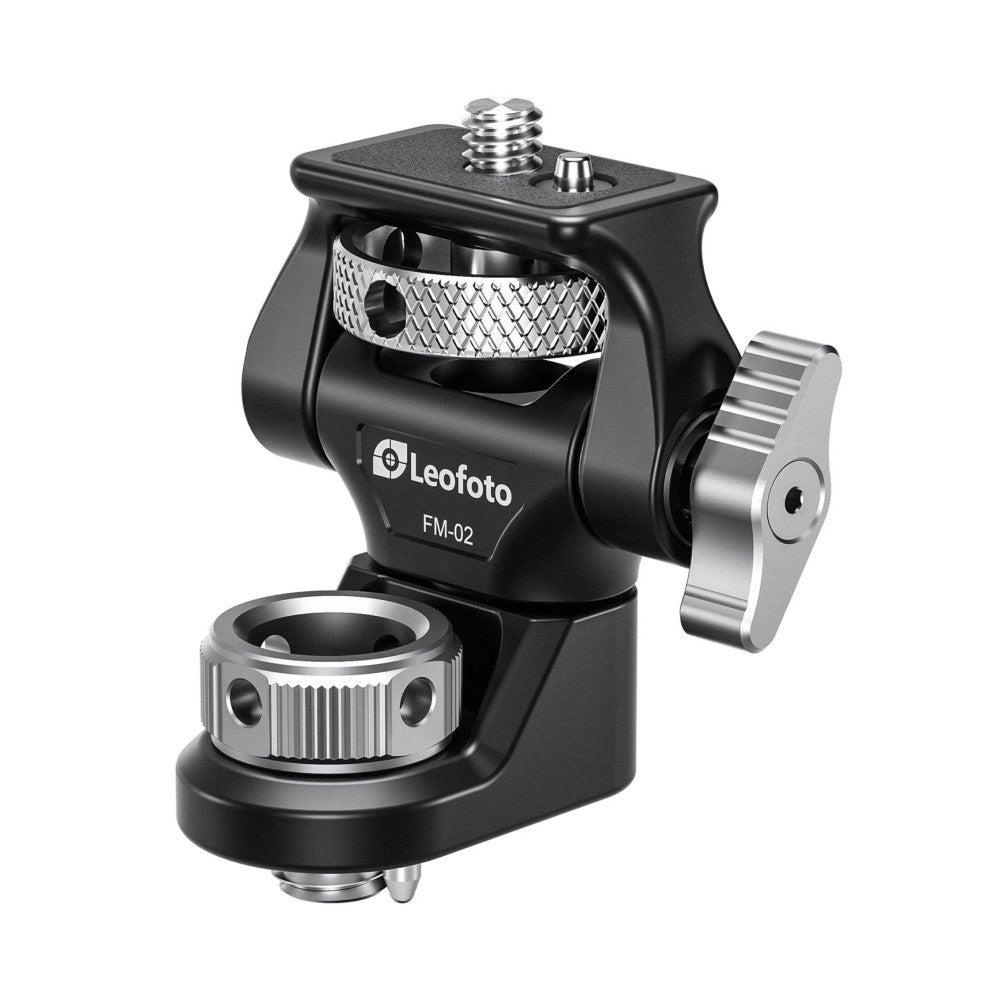 Leofoto FM-02 monitor mount shown from front-angled view with ball head, Arri screw mount, and adjustable arm against white background.