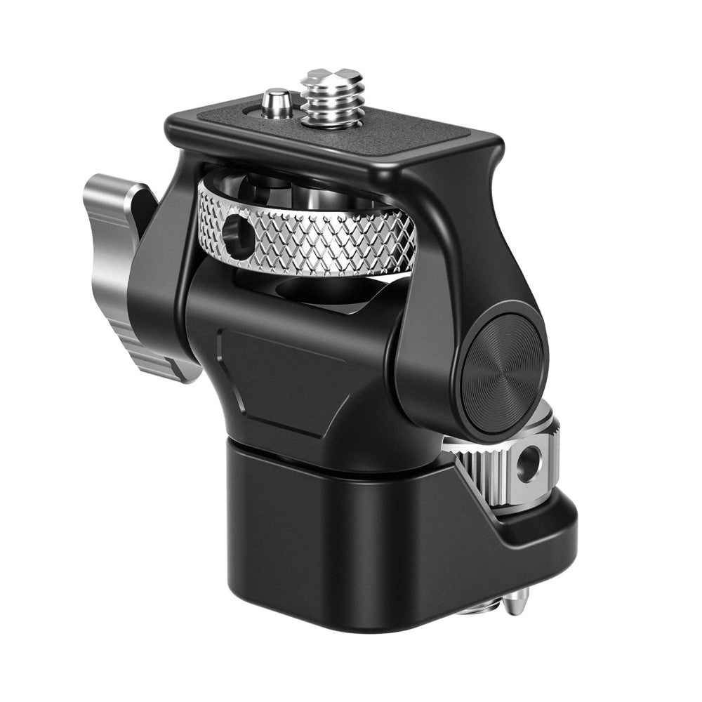 Black ball head monitor mount with metal knob and quick-release plate, angled side view against white background.