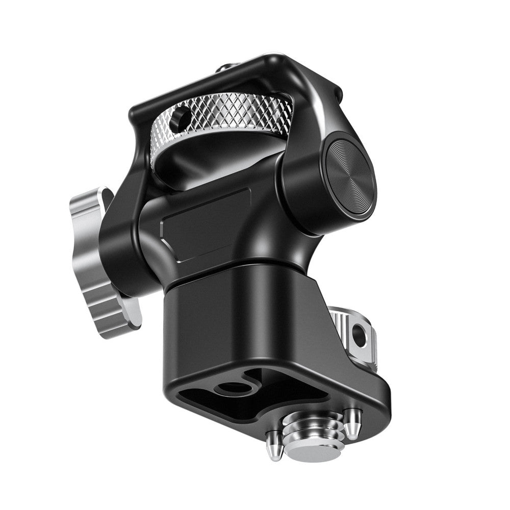 Black monitor mount with Arri screw connection shown from side angle, displaying adjustment knob and mounting hardware details.