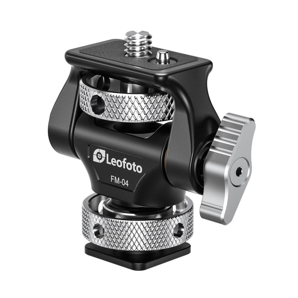 Leofoto FM-04 monitor mount shown in three-quarter view displaying the ball head, adjustment knobs, and side-mounted monitor bracket arm.