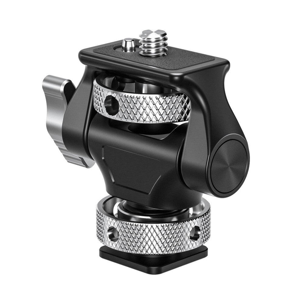 Black and silver monitor mount with ball head and dual screw attachment, shown in angled side view against white background.