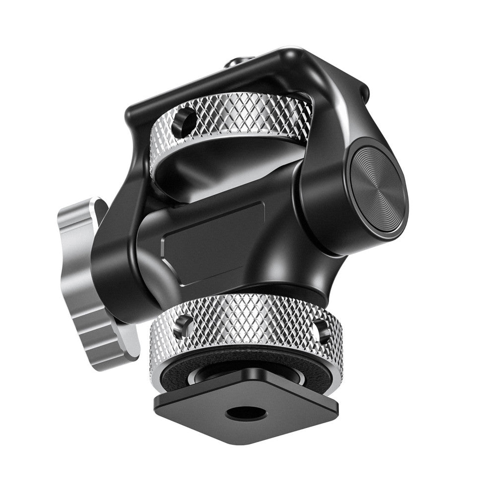 Isometric view of black monitor mount with dual silver knurled knobs and adjustment screw on white background.