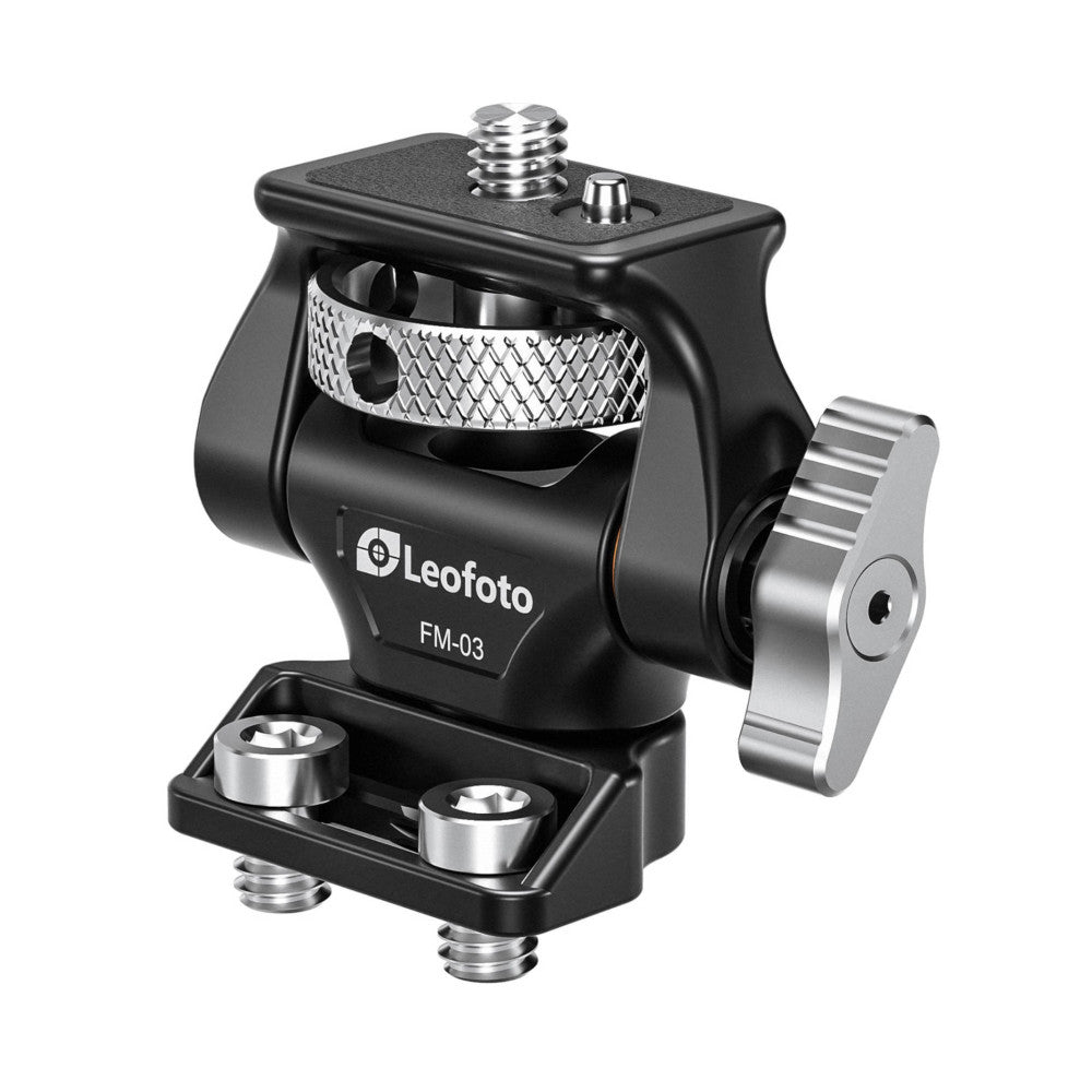 Leofoto FM-03 monitor mount shown from angled side view, displaying ball head, metal knob, and dual screw attachment base.