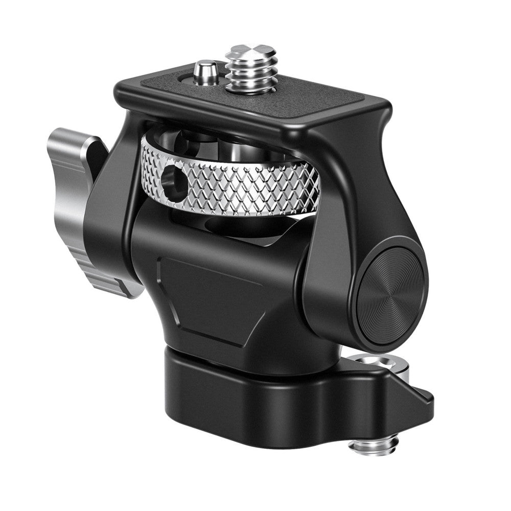 Black ball head monitor mount with metal mesh top plate and dual adjustment knobs, shown from angled side view against white background.