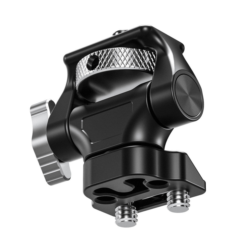 Black monitor mount with mesh screen and adjustment knob, shown at three-quarter angle against white background