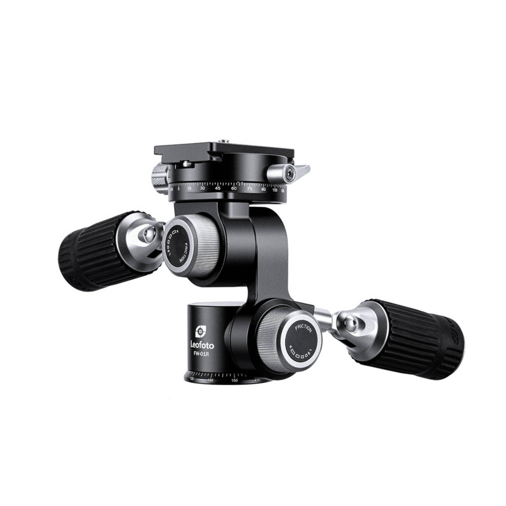 Leofoto FW-01R pan and tilt head shown from the side with dual friction arms extended left and right against a white background.