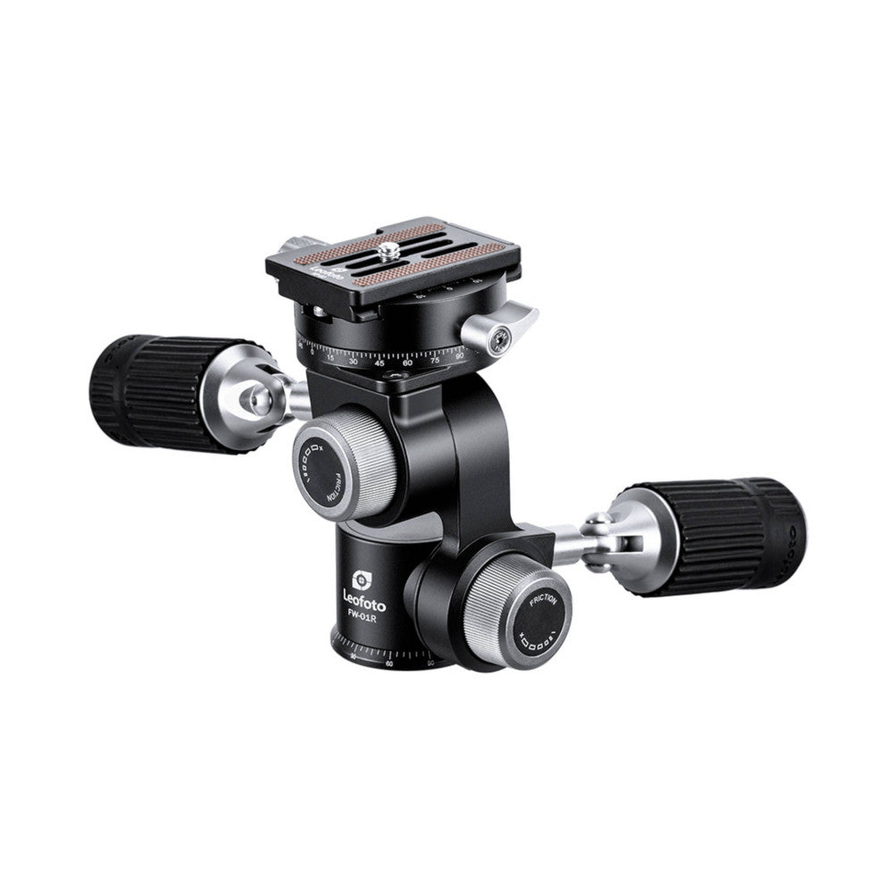 Professional pan and tilt tripod head with dual friction control knobs and quick-release plate, shown against white background.