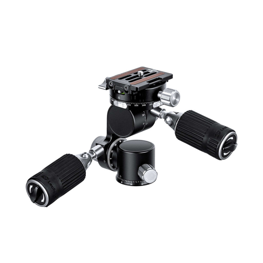 Professional pan-tilt tripod head with two cylindrical friction arms and top-mounted quick-release plate, shown in three-quarter view against white background.
