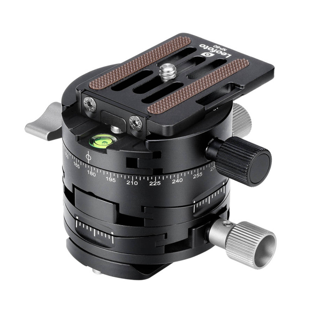 Black geared tripod head with panoramic degree markings, control knobs, and attached quick-release plate with textured surface, shown at three-quarter angle.
