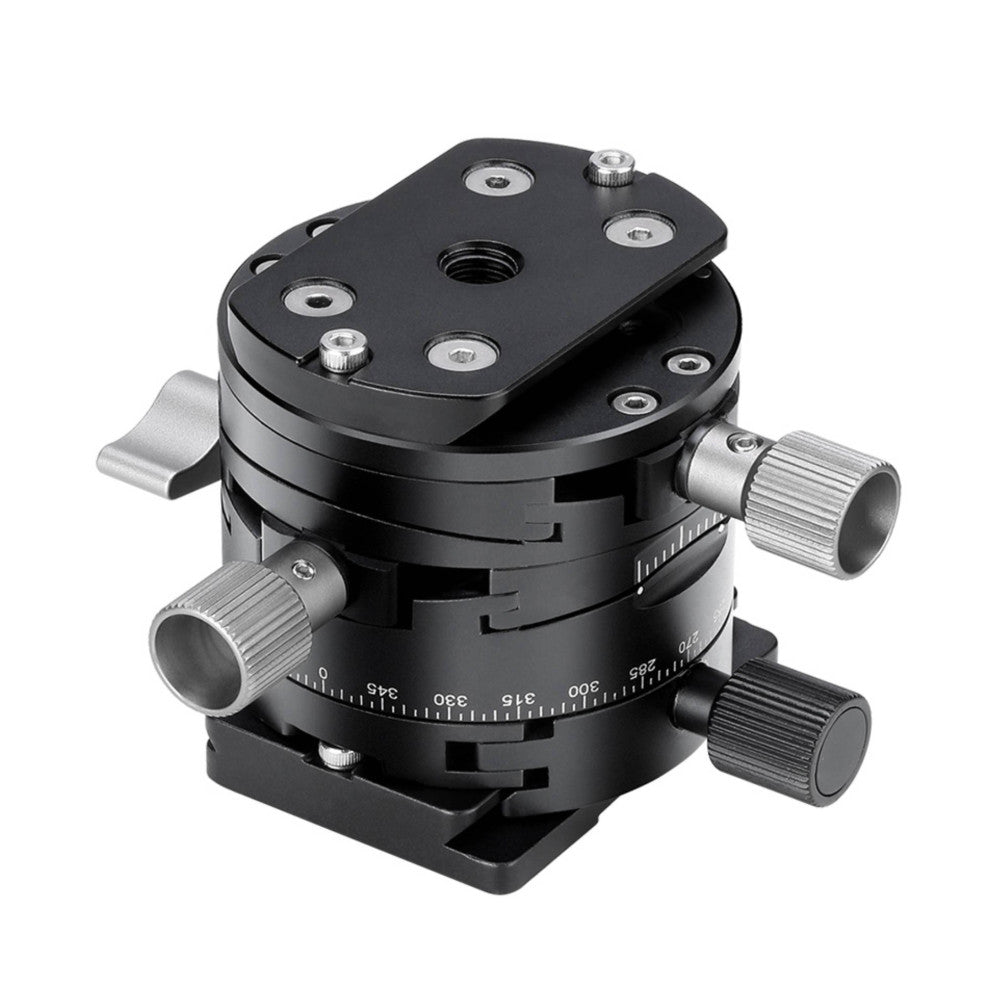 Black geared tripod head with adjustment knobs and calibrated base plate, shown at three-quarter angle against white background.
