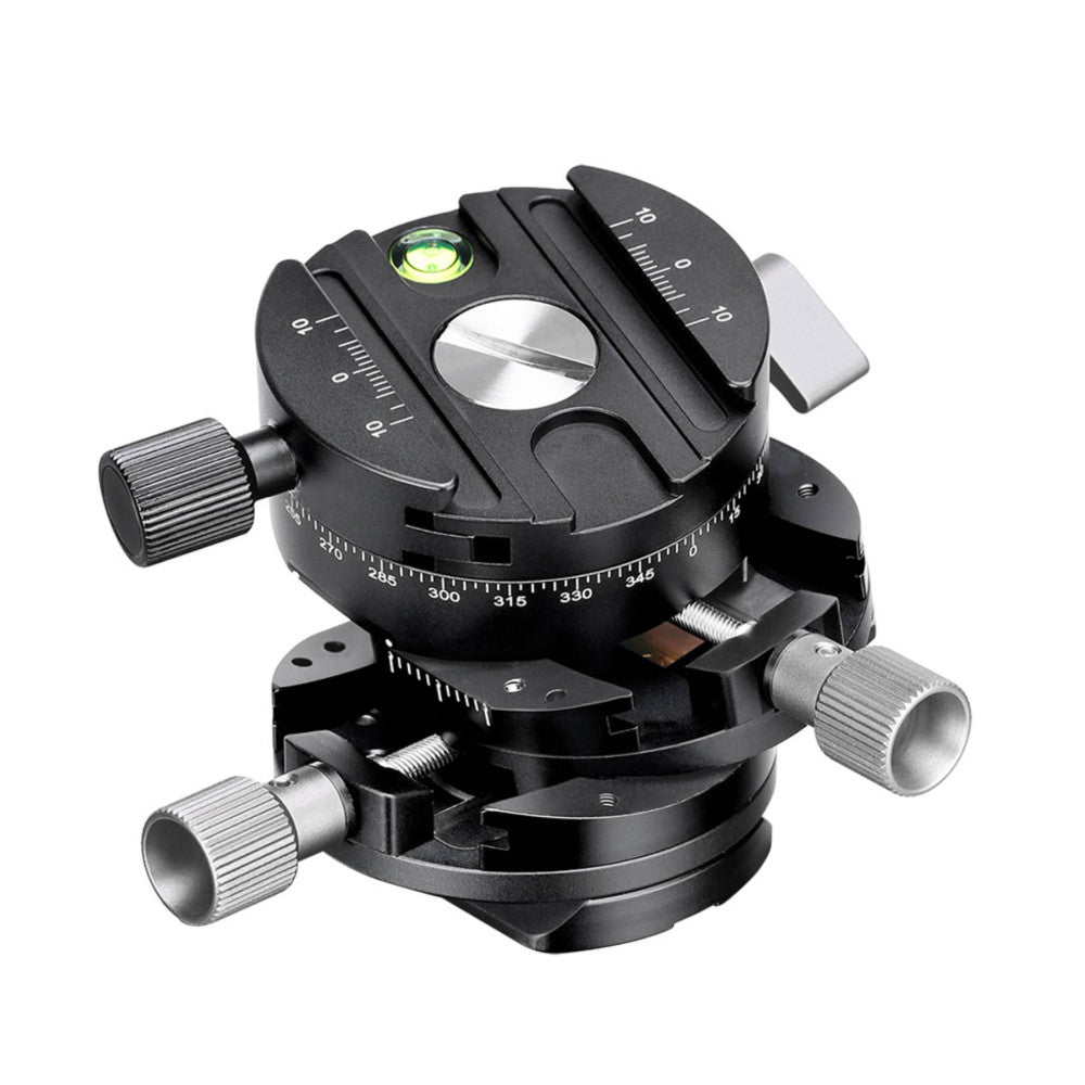 Black geared tripod head with panoramic rotation scale, spirit level, and adjustment knobs shown from angled front view against white background.