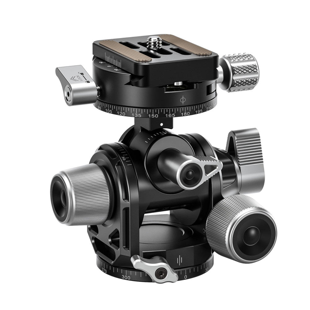 Professional three-axis geared tripod head shown from an angled front view, displaying the pan base, tilt mechanisms, and quick-release plate on white background.