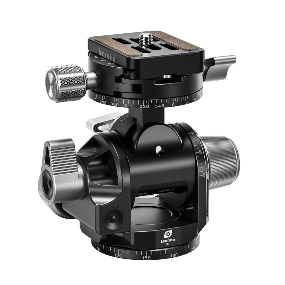Leofoto G3 geared tripod head shown from three-quarter view displaying the ball base, geared pan and tilt mechanisms, and quick-release plate on top.