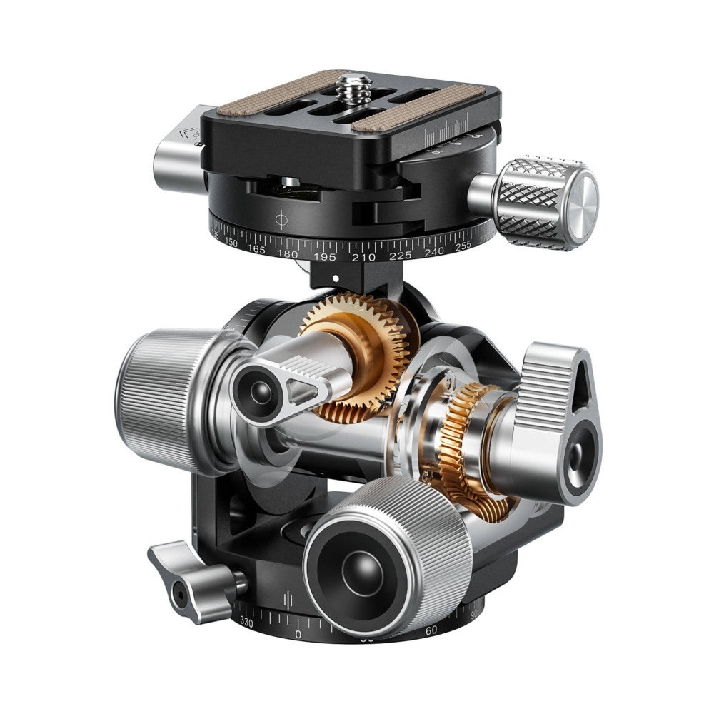 Cutaway technical illustration of a 3-axis geared tripod head showing internal brass gears and mechanical components from multiple angles.