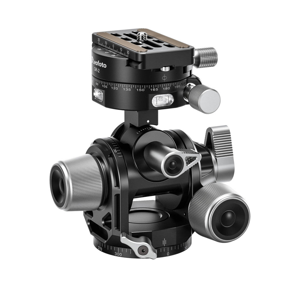Leofoto GR-2 geared tripod head with panoramic base shown from angled front view, displaying dual control knobs and degree markings.