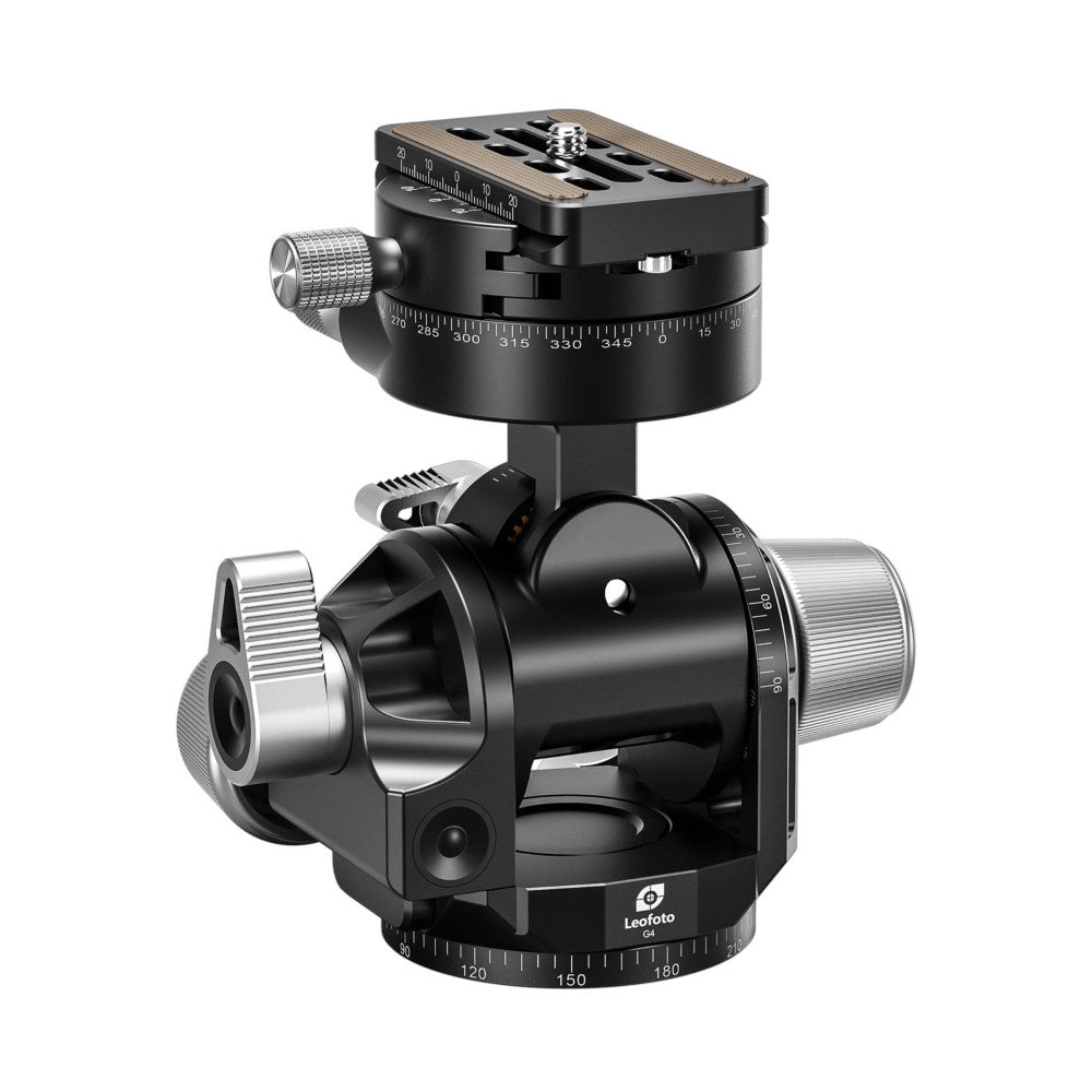 Three-axis geared tripod head with panoramic base and quick-release plate, shown from a front-angled perspective against a white background.
