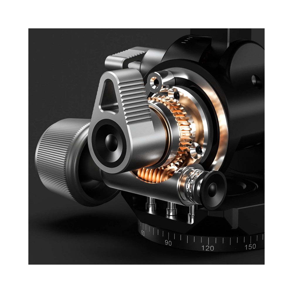 Cutaway technical illustration of a geared tripod head showing internal gear mechanisms in copper and silver metals against dark background.