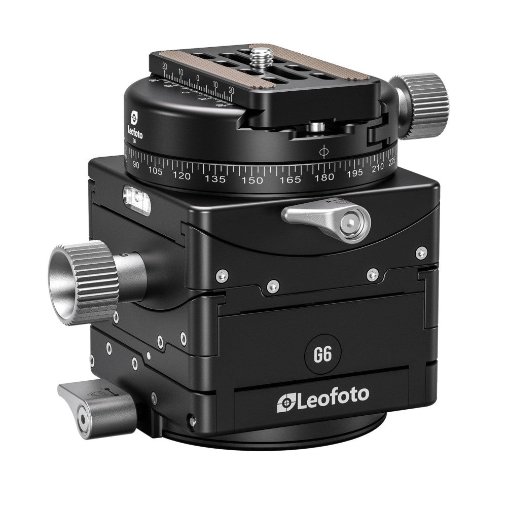 Leofoto G6 geared tripod head with panoramic scale and quick release plate, shown from angled front view against white background.