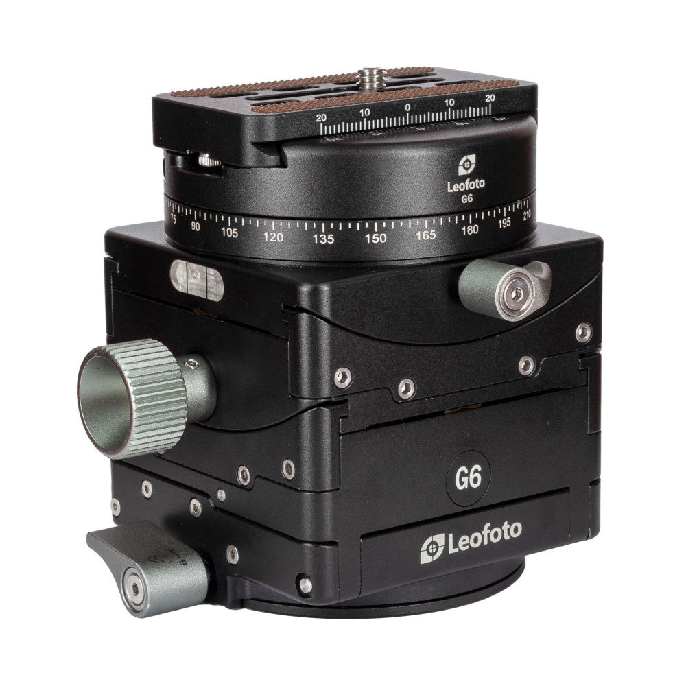 Black Leofoto G6 geared tripod head with panoramic scale and adjustment knobs, shown from front-side angle against white background.