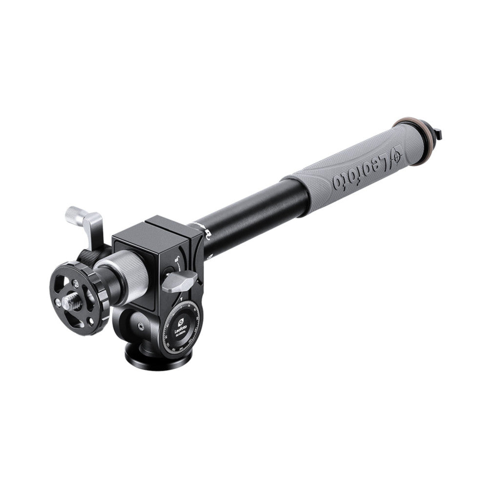 Side view of Leofoto GC-282AL geared boom arm with gray grip handle, black ball head, and articulated joint against white background.