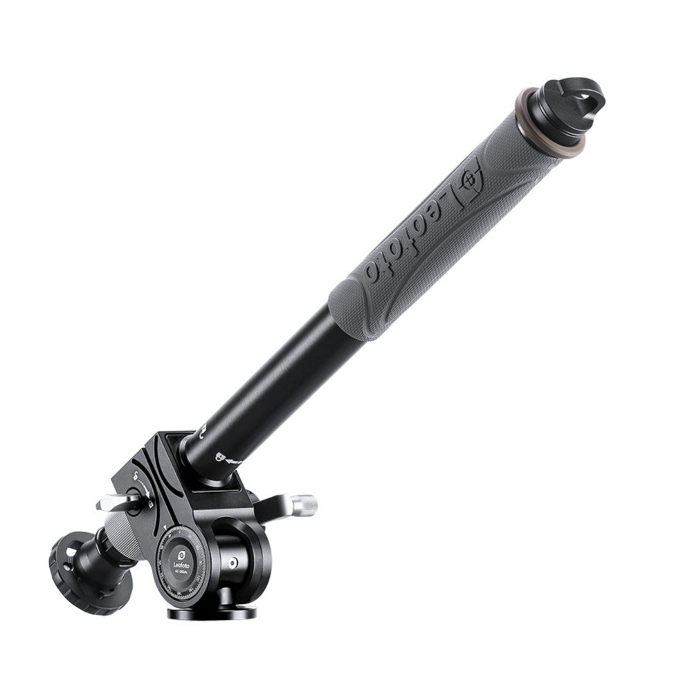 Black geared boom arm with textured grip handle and ball head mount, shown at an angle against white background.