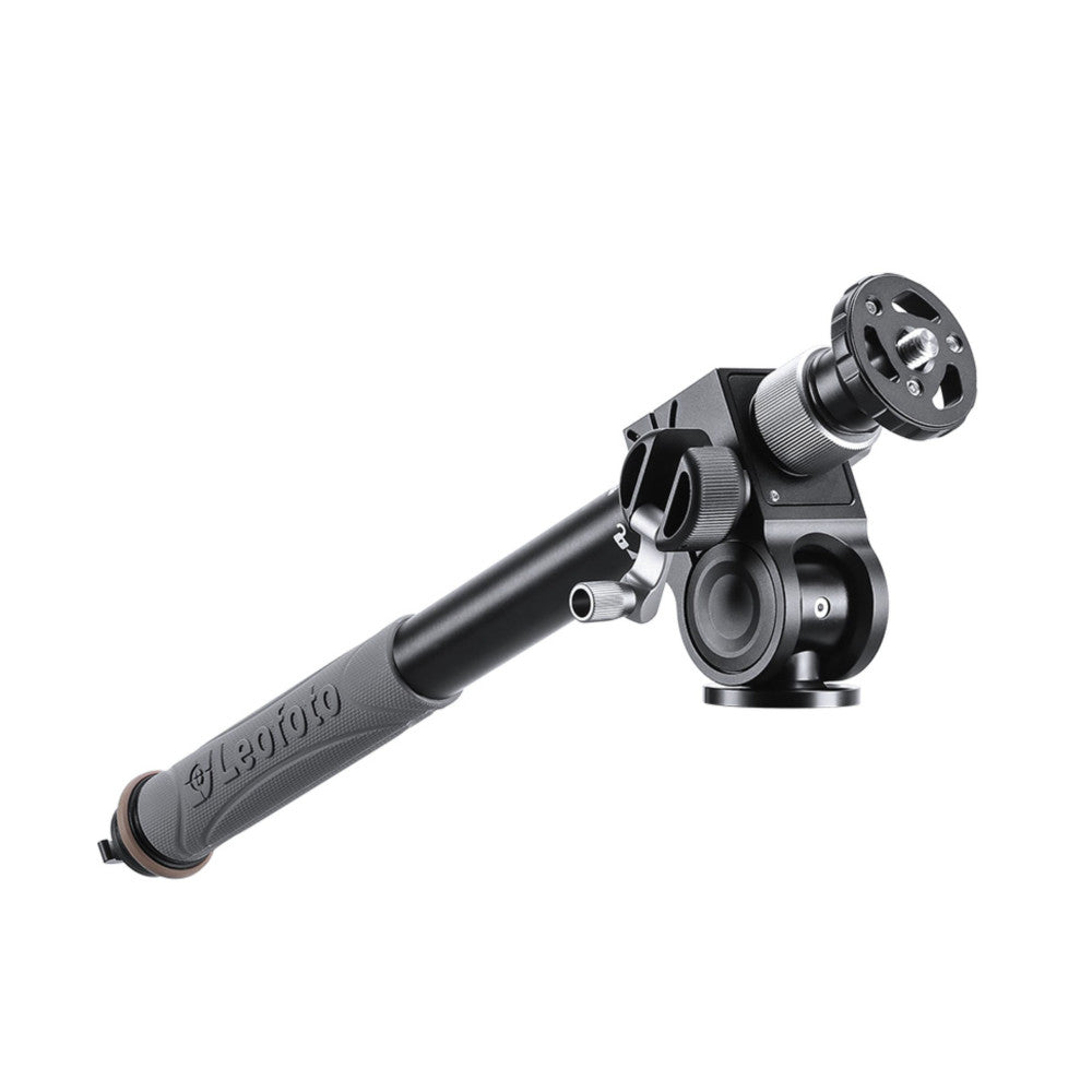 Black geared boom arm with extended pole and ball head mount, shown at angle against white background.