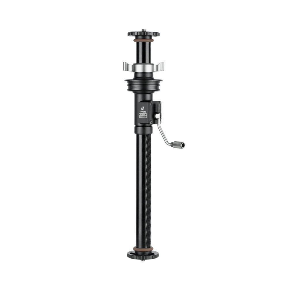 Vertical view of a black geared center column with extended pole, adjustment knob at top, side crank handle, and circular base adapter against white background.