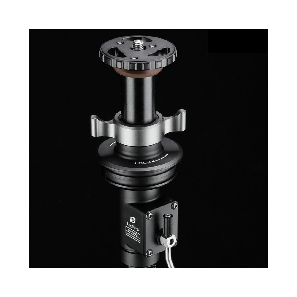 Leofoto geared center column with 75mm bowl adapter shown in side profile view against black background, displaying cylindrical shaft, control mechanism, and mounting hardware.