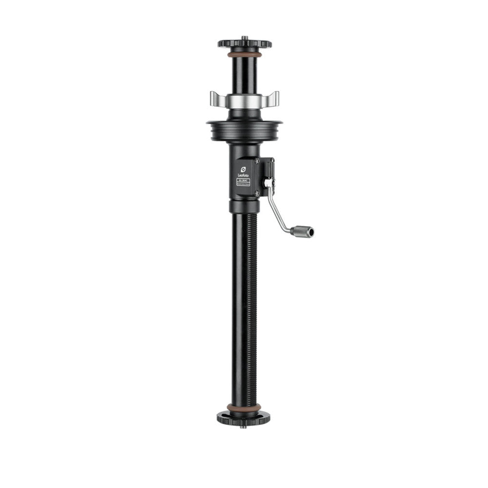 Vertical view of a black Leofoto geared center column with adjustment knob, mounting plate, and tripod base against white background.