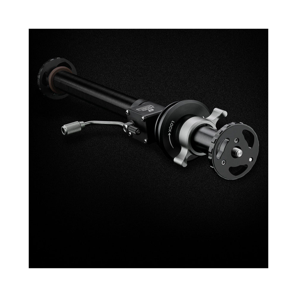 Angled side view of a black geared center column with threaded shaft, gear mechanism, and mounting hardware against a dark background.
