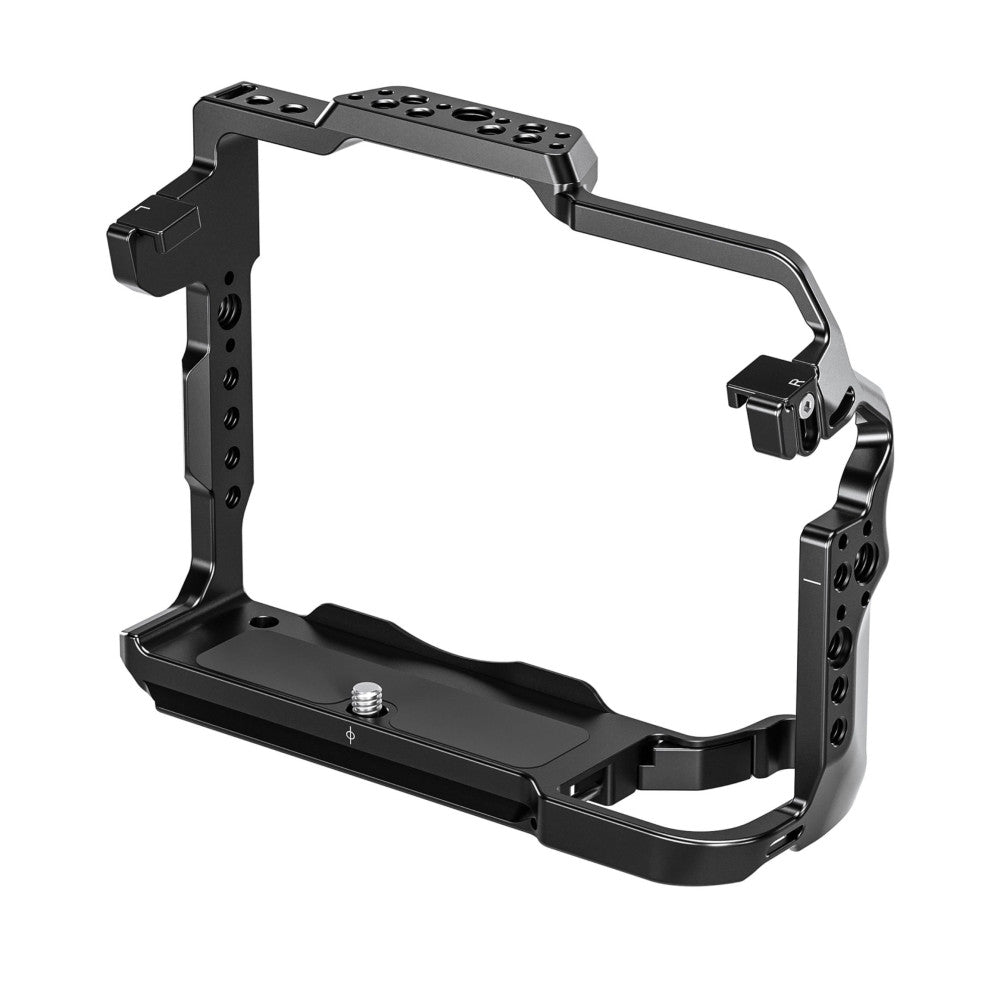 Black camera cage with top handle and mounting rails, shown from isometric angle with no camera installed.