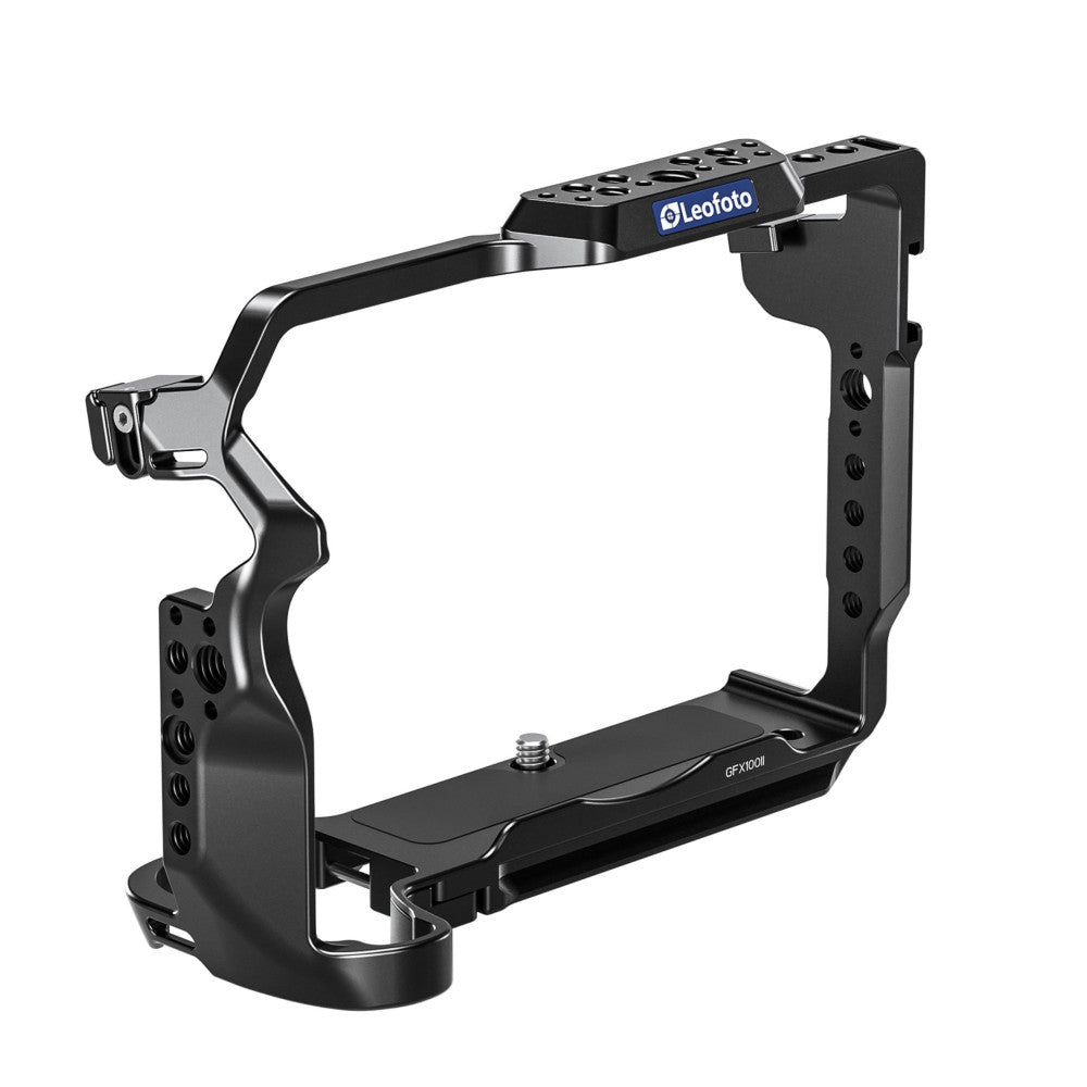 Black camera cage with top handle and side arms shown from three-quarter view angle against white background.