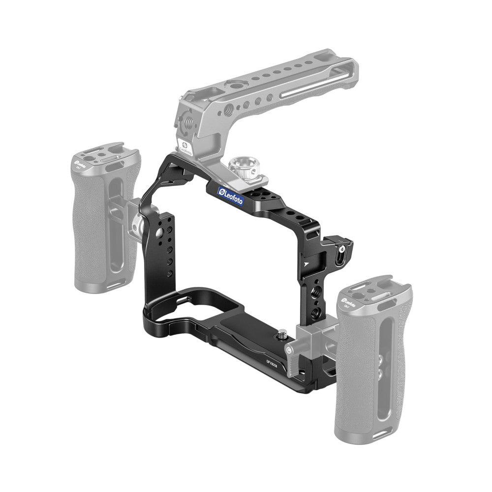 Leofoto camera cage shown from multiple angles with side handles and top mounting plate for Fujifilm GFX100 II.