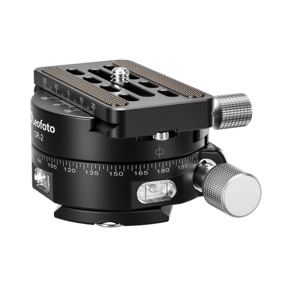 Black Leofoto GR-2 geared panning clamp with rotating base plate, showing top and side view with adjustment knobs and spirit level.