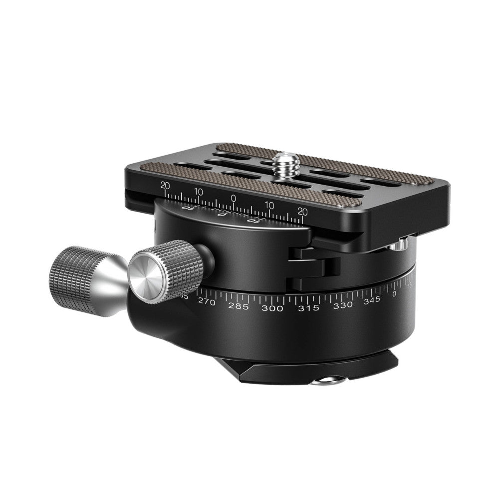 Black geared panning clamp with textured grip surface, shown at an angle displaying the degree scale markings and adjustment knob on the left side.