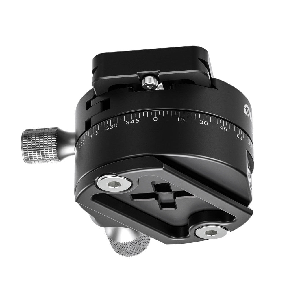 Top-down angled view of a black geared panning clamp with degree markings, showing the rotating head and quick-release plate mechanism.